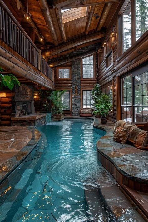 Indoor Pool Plans Layout, Modern Mountain Cabin, Bio Pool, Indoor Pool House, Amazing Pools, Big Pools, Indoor Pools, Indoor Outdoor Pool, Dream Life House