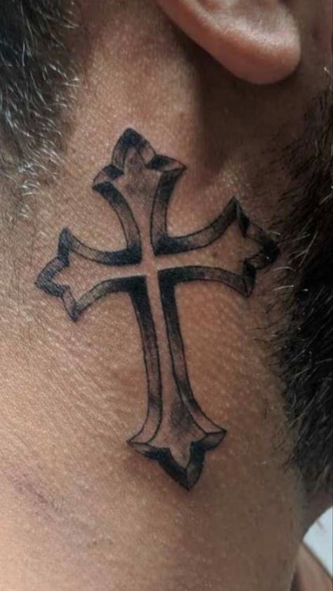 Cross Behind Ear Tattoo Men, Tattoo Behind Ear Men, Cross Tattoo Behind Ear, Cross Behind Ear, Cross Neck Tattoo, Black Men Tattoos, Side Of Face, Back Of Neck Tattoo, Bull Tattoos