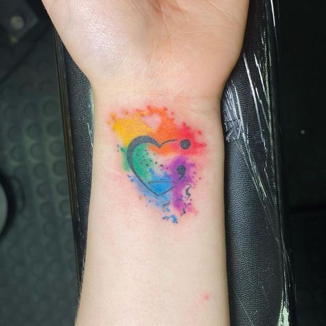 Watercolor Semicolon Tattoo, Watercolour Rainbow Tattoo, Watercolor Wrist Tattoo, Semicolon Tattoo Ideas, Watercolor Heart Tattoos, Semicolon Tattoos, Colon Tattoo, Watercolour Tattoos, Puzzle Tattoos