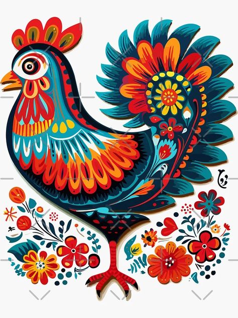 "Rooster Chicken Polish Folk Art" Sticker for Sale by ImprintMage | Redbubble Felt Chickens, Painting Chickens, Swedish Painting, Cows Painting, Rooster Watercolor, Rooster Artwork, Rainbow Chicken, Wallpaper Background Design, Painted Ceramics