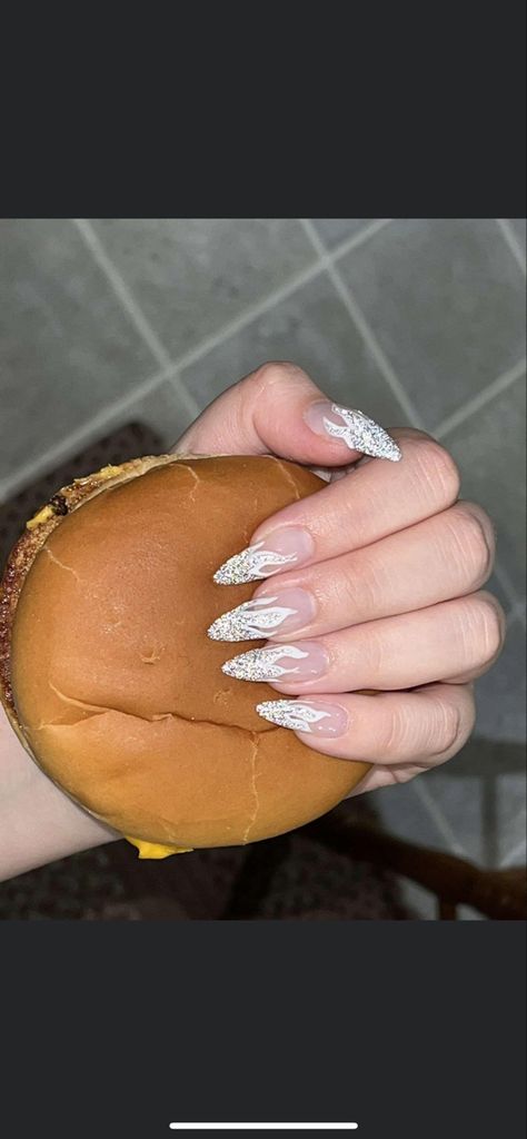 TRENDY WHITE ALMOND SHAPE FLAME NAILS FASHON TREND 2022 SPARKLE GLITTER CUTE Prom Nail Ideas Almond, White Flame Nails, Nail Ideas Almond Shape, Nail Ideas Almond, Prom Nail Ideas, White Almond Nails, Flame Nails, 2022 Nails, Prom Nail