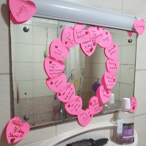 Bathroom mirror decor to surprise your husband on his birthday. To create it I used Heart shape sticky notes to make a big Heart all over mirror and completed it with handwritten messages. Bathroom Sticky Notes Mirror, Post It Mirror, Post It Heart On Mirror, Sticky Notes For Husband, Sticky Note Heart On Mirror, Heart Sticky Notes On Mirror, Bathroom Mirror Decor, Surprise Your Husband, Birthday Letter