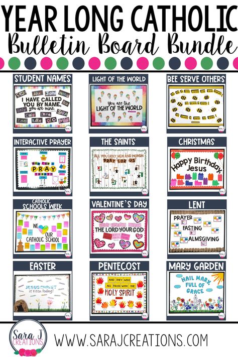 12 downloadable, printable bulletin board sets to decorate your Catholic classroom all year long. Click to find out more! Patience Bulletin Board Ideas, Welcome Back To Ccd, Virtue Of The Month Bulletin Board, Catholic Preschool Bulletin Boards, Beatitudes Bulletin Board Ideas, Catechism Classroom Decor, Faith Formation Bulletin Boards, Welcome Back To School Bulletin Boards Catholic, Ccd Classroom Decorations