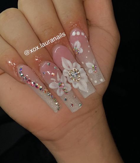 3d Nail Butterfly, 3d Butterfly Acrylic Nails, Long Extra Nails, 3d Butterfly Nails, Hawaiian Flower Nails, Nails With Bling, Sparkly Acrylic Nails, Extra Nails, Pink Flower Nails