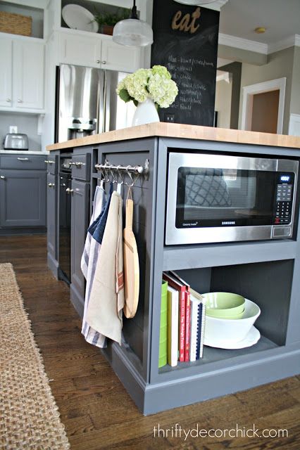 Built In Microwave Cabinet, Microwave In Island, Microwave Cabinet, Architecture Renovation, Unique Kitchen Design, Kitchen Decor Inspiration, Farmhouse Kitchen Island, Herringbone Backsplash, Diy Kitchen Renovation