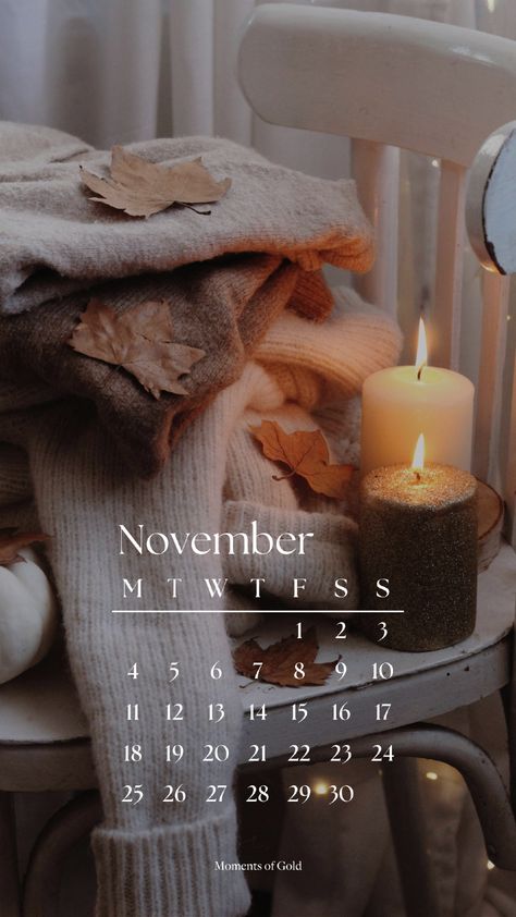 November 2024 Calendar Wallpaper, Phone Wallpaper, Fall Vibes, Autumn Aesthetics, Orange Brown Leaves, Cozy Weather, Knit Sweaters, Winter Decor, Fairy Lights, Candle, Fall Photoshoot Inspo, Background, Monthly Wallpaper Design November Calendar Wallpaper, Inspo Background, Phone Wallpaper Fall, Months Calendar, Gold Stationery, Cozy Weather, Calendar Background, November Calendar, Sweaters Winter