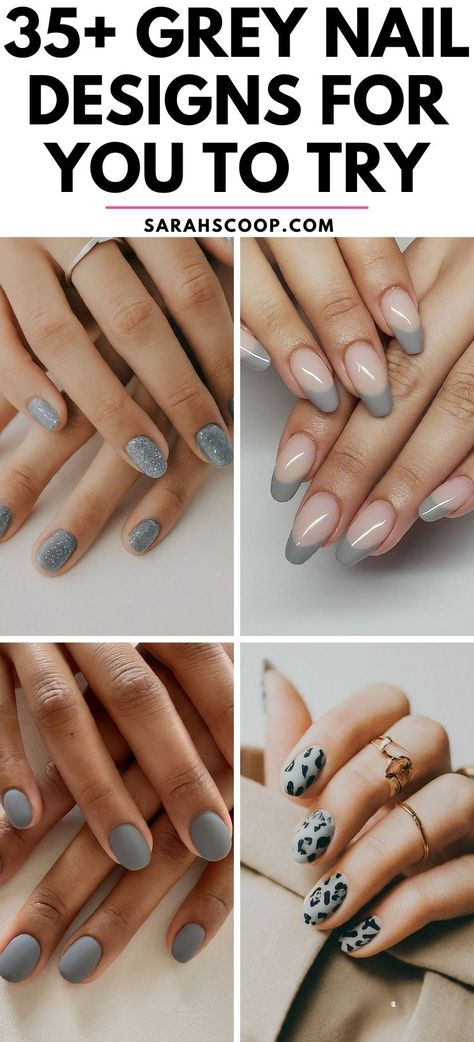 Explore your stylish side with these 35+ unique and elegant grey nail designs! #Nails #NailArt #NailDesigns Nail Art On Grey Nail Paint, Almond Grey Nails Designs, Grey And Gold Nail Designs, Grey Nail Tips, Grey French Nails Tips, Gray And Black Nails Ideas, Gray Nails With Design Ideas, Pretty Gray Nails, Gray Nails French Tips