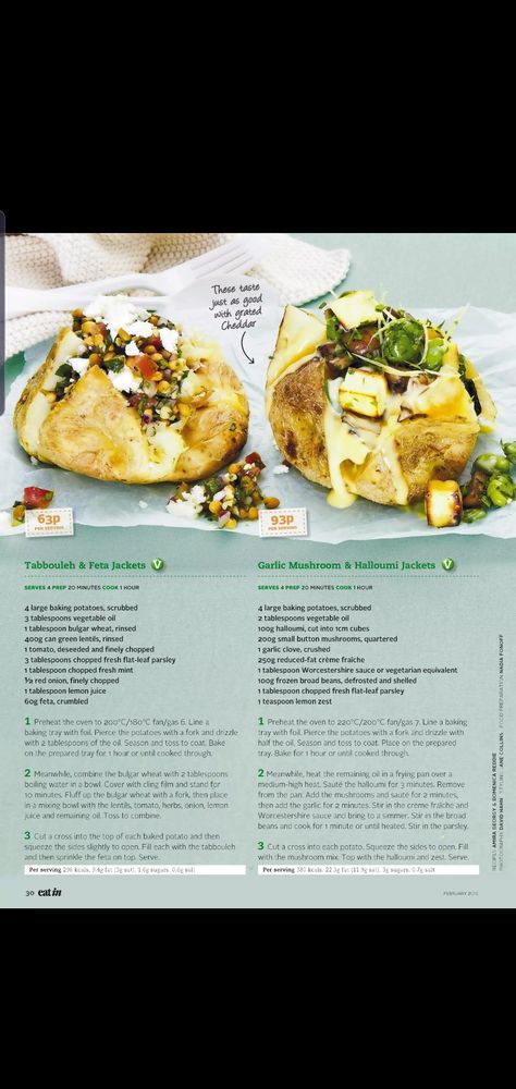 Garlic mushroom and halloumi jackets Jacket Potato, Garlic Mushrooms, Stuffed Shells, Vegetable Oil, Lentils, Cheddar, Feta, Wheat, Vegetarian Recipes