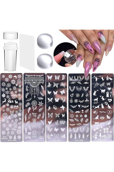 SONGJIE 9Pcs Nail Stamp Template Kit French, With 1 Stamper 2 Silicone Heads 1 Scraper for DIY Nail Decor Easy French Style Nail Art Designs, Nail Stamper Stencil Plates Set Manicure Nail Supplies Stamp Template, Nail Stamp, Nail Decor, Nail Stamper, Nail Art Stamping Plates, Gel Nail Extensions, Butterfly Nail Art, Nail Supplies, Designs Nail