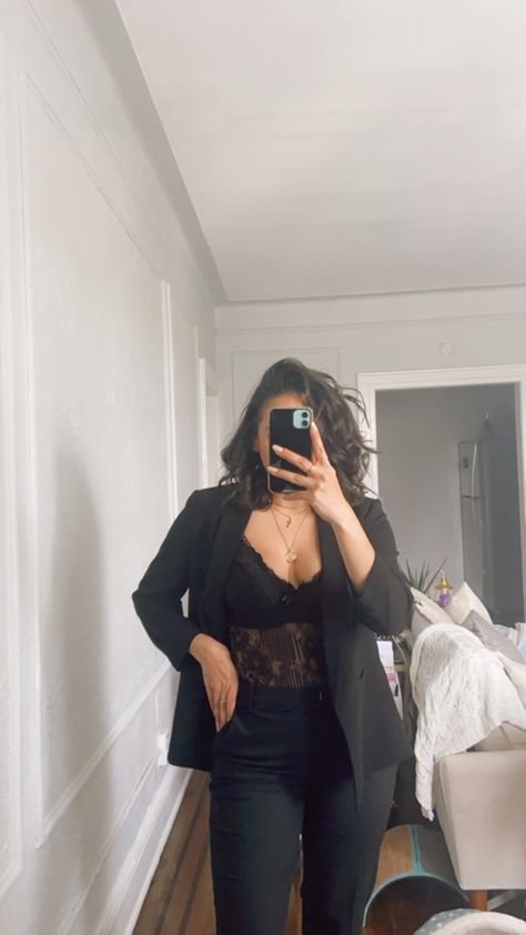 Lace blazer black outfit date night valentines days Lace Body Suit With Blazer, Laced Outfits Bodysuit, Bodysuit Midsize Outfit, Body Suit And Blazer Outfit, Black Lace Top Outfit Night, Blazer And Jeans Outfit Women Night Out, Black Lace Bodysuit Outfit Night, Lace Body Suit Outfits Night Out, Lace Top Outfit Night