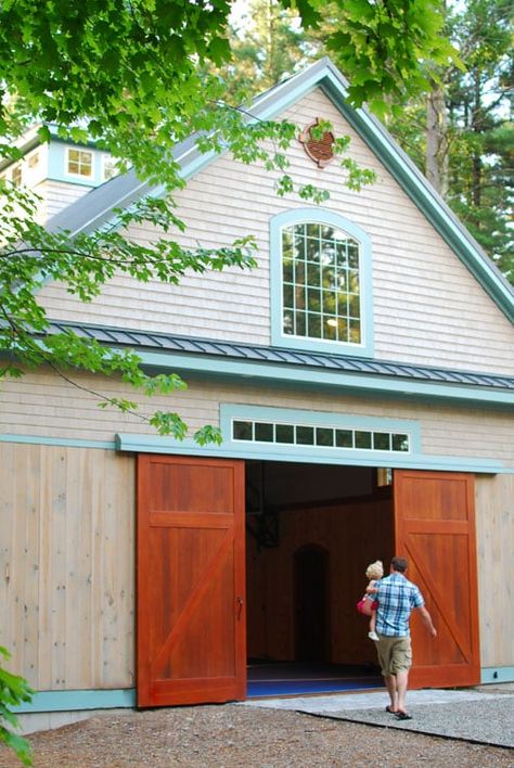 8. Sliding Barn Doors (CL14) on a Home Gymnasium with Climbing Wall in Lancaster, MA Barn Door Garage, Exterior Sliding Barn Doors, Barn Style Garage, Sliding Garage Doors, Exterior Barn Doors, Garage Outdoor, Garage Door Hardware, Garage Exterior, Garage Door Makeover