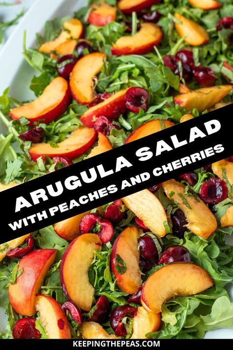 Arugula Peach Salad: Spicy arugula is paired with sweet and juicy peaches and cherries in a citrus vinaigrette for a gorgeous and refreshing summer salad Watermelon Basil Salad, Peaches And Cherries, Salad With Peaches, Cherries Salad, Vegan Coleslaw, Citrus Vinaigrette, Mozzarella Salad, Peach Salad, Comfort Soup