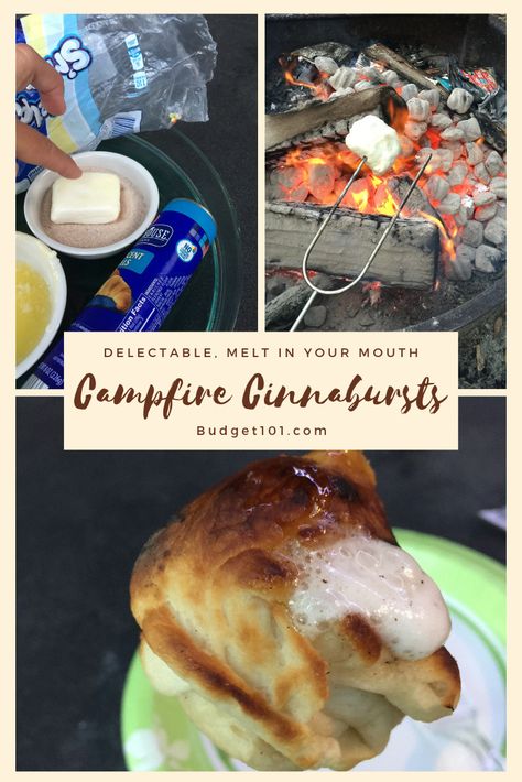 Campfire Crescent Rolls, Crescent Roll Campfire Recipes, Campfire Cinnamon Roll Ups, Campfire Cinnamon Rolls On A Stick, Cinnamon Roll Campfire, Cinnamon Rolls Over Campfire, S’mores In A Skillet, Cabin Food, Pie Iron