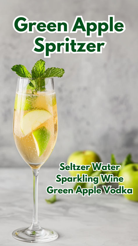 Green Apple Spritzer Smirnoff Ice Green Apple, Green Apple Cocktails, Apple Cocktails, Green Apple Vodka, Spritz Cocktails, Cocktail Cards, Vodka Cocktails Easy, Sparkling Wine Cocktails, Apple Vodka