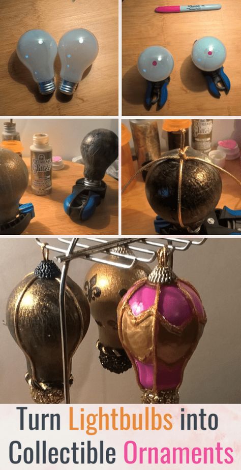 How to Turn Lightbulbs into Collectible Ornaments - I will provide instructions for making the black and gold ornaments in a moment, but I have made a variety of these for different occasions including Christmas and birthdays. #christmasdecor #ornaments #homedecor #diy Lightbulb Hot Air Balloons, Lightbulb Hot Air Balloons Diy, Light Bulb Hot Air Balloon Diy, Christmas Lightbulb Crafts, Diy Recycled Christmas Ornaments, Upcycled Ornaments Diy, Lightbulb Ornaments Christmas Diy, Lightbulb Christmas Ornaments, Black And Gold Ornaments