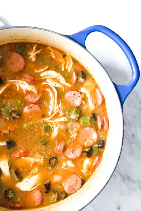 Whole30 Chicken and Sausage Gumbo Chicken Gumbo Recipe, Andouille Sausage Gumbo, Gumbo Recipe Sausage, Defined Dish, Chicken Gumbo, Chicken And Sausage, Whole30 Chicken, Sausage Gumbo, Gumbo Recipe