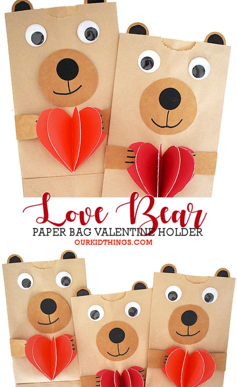 Paper Bag Love Bear #valentinesday #valentine #paperbagcraft #animalcraft #kidscraft #kidcrafts Valentines Card Holder, Valentines Day Bags, Brown Paper Lunch Bags, Bear Craft, Kindergarten Valentines, Dad Crafts, Airplane Crafts, Paper Bag Crafts, Valentines Gift Bags