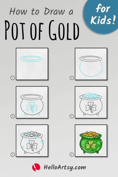 6 steps demonstrating how to draw a how to draw a pot of gold for kids. How To Draw A Pot Of Gold, Gold Drawing, St Patricks Crafts, Drawing Lessons For Kids, Drawing Lesson, Drawing Tutorials For Kids, Drawing Guide, Christmas Paper Crafts, Guided Drawing