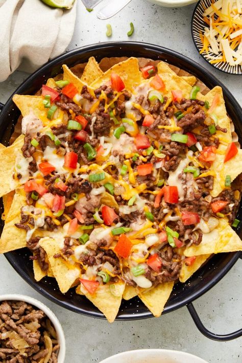 Beef Nachos - Baked Bree Oven Baked Nachos Beef, Ground Beef Nachos, Nacho Recipes, Beef Nachos, Tomato Snacks, Baked Nachos, Nachos Supreme, Fresh Tortillas, Chicken Appetizers