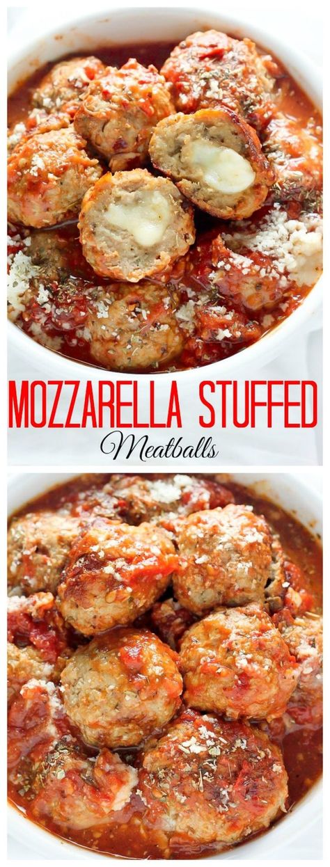 Mozzarella Stuffed Turkey Meatballs, Spicy Meatball, Homemade Marinara Sauce, Mozzarella Stuffed Meatballs, Stuffed Turkey, Hot Appetizers, Tasty Meatballs, Marinara Sauce Homemade, Homemade Marinara