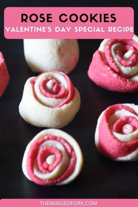 Easy to make Rose shaped cookies for Valentine's day! They are delicious and bake in just about 25 mins! #valentinesday #roses #love #rosecookies #14feb #valentinedaycookies #valentinesdaycookieseasy #easycookies #valentinedaycookies #valentinesdaycookierecipe #valentinedayrecipes Rose Shaped Cookies, Valentines Day Cookie Recipe, Eggless Cookie, Valentines Cookie, Eggless Cookie Recipes, Valentine Cookies Decorated, Eggless Cookies, Rose Cookies, Pink Food Coloring