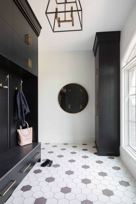 27 Ways to Maximize Your Mudroom Pool Changing Area, Paint Colors For Cabinets, Mudroom Tile, Laundry Room And Mudroom, Shelving Organization, Mudroom Inspiration, Laundry Room Makeovers, Small Mudroom, Hexagon Floor