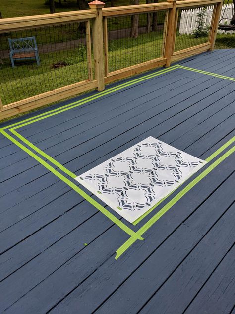 Painted Outdoor Rugs On Deck, Painted Porch Rugs Diy, Paint Rug On Deck, Stenciled Deck Floor, Painted Outdoor Patio, Painted Carpet On Deck, Painted Rugs On Porches, Painted Porch Rug, Painted Rug On Deck