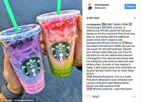 Ombre rainbow drinks on Starbucks' secret menu go viral | Daily Mail Online Starbucks Rainbow Drinks, Starbucks Rainbow, Resep Starbuck, Starbucks Cookies, Unique Drinks, Rainbow Drinks, Drinks Healthy, Starbucks Orders, Starbucks Drinks Diy