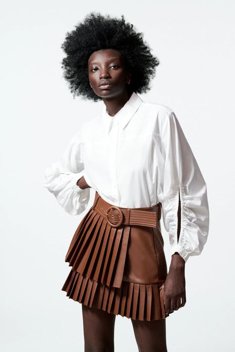 Brown Monochrome Outfit, Brown Monochrome, Zara Leather Skirt, Leather Pleated Skirt, Skirt With Belt, Monochrome Outfit, Belt Fashion, Animal Print Skirt, Leather Mini Skirt