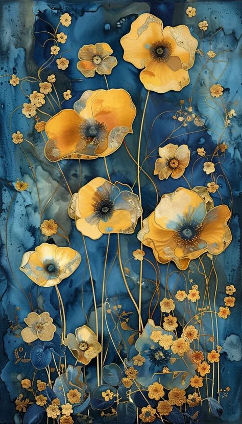 The painting is a beautiful depiction of yellow flowers. The petals are a deep golden yellow, and the leaves are a light yellow. The flowers are set against a dark blue background, which makes them stand out. The painting has a very calming and serene feel to it. Blue And Yellow Flowers Wallpaper, Blue And Yellow Aesthetic Wallpaper, Dark Blue And Yellow Aesthetic, Yellow And Blue Painting, Colour Moodboard, Larkspur Delphinium, Yellow Journal, Yellow Flowers Painting, Golden Wallpaper