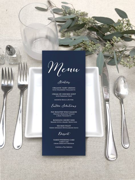 "These Navy Blue Wedding Menu Cards are gorgeous. They will compliment any classy, clean and modern Wedding theme just perfectly. Menus are great for a sit down dinner and excellent for buffet dinners too. You can place one at each table setting or just one for each table. Each 4\" x 9\" menu card is printed on Eco-friendly navy blue card stock. These are the perfect size to be tucked into a napkin at each place setting. HOW TO ORDER TO PLACE YOUR ORDER: Pick your quantity from the drop down men Black And White Table Numbers, Black Table Numbers, Navy Blue And White Wedding, White Table Numbers, Boneless Short Ribs, Black And White Table, Modern Wedding Theme, Strawberry Vinaigrette, White Wedding Ceremony