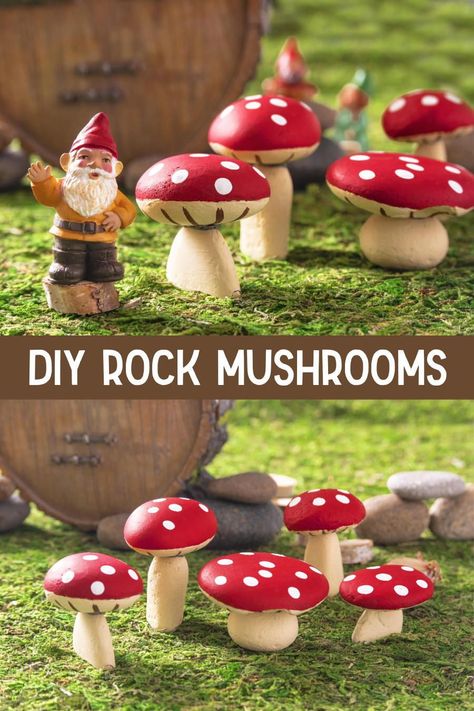 Learn how to make rock mushrooms out of smooth stones from the garden! Get the secrets for the right glue and paint to make your project last. Summer Craft Ideas For Adults, Rock Mushrooms, Toadstool Craft, Mushroom Decorations, Mushroom Paint, Mushroom Crafts, Mod Podge Crafts, Pinterest Crafts, Mini Stuff