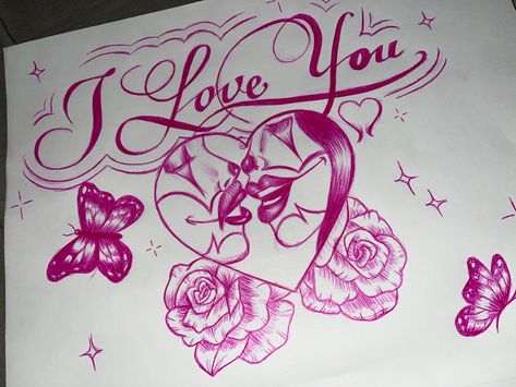 Amor Eterno Drawing, Chicano Pen Art, Chicana Love Letters, Chicano Valentine Art, Chicano Art Love Letters, Chicano Drawings Love, Gangster Love Drawings, Valentines Day Chicano Art, Old School Drawings