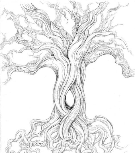 Twisted Tree Painting, Mythical Tree Drawing, Gnarled Tree Drawing, Mystical Tree Drawing, Trippy Tree Tattoo, Swirly Tree Drawing, Hollow Tree Drawing, Half Tree Drawing, Twisted Tree Drawing