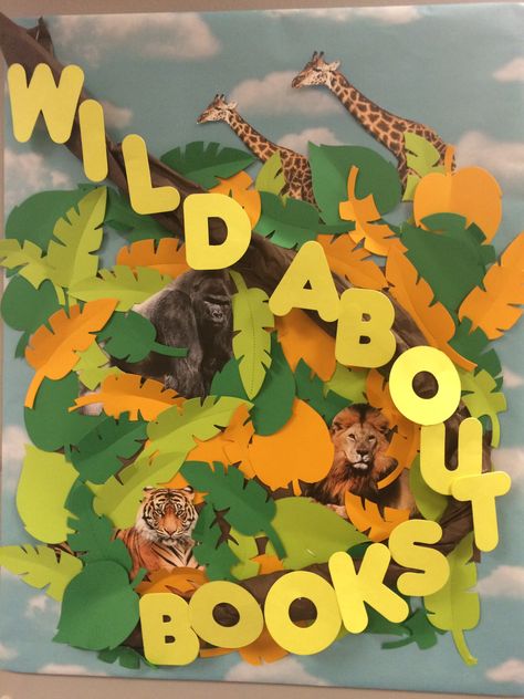 Wild About Books Wild About Books Bulletin Board, Wild About Reading, Book Bulletin Board, Library Decorations, March Reading, Read A Thon, Zebra Decor, Wild Book, Reading Month