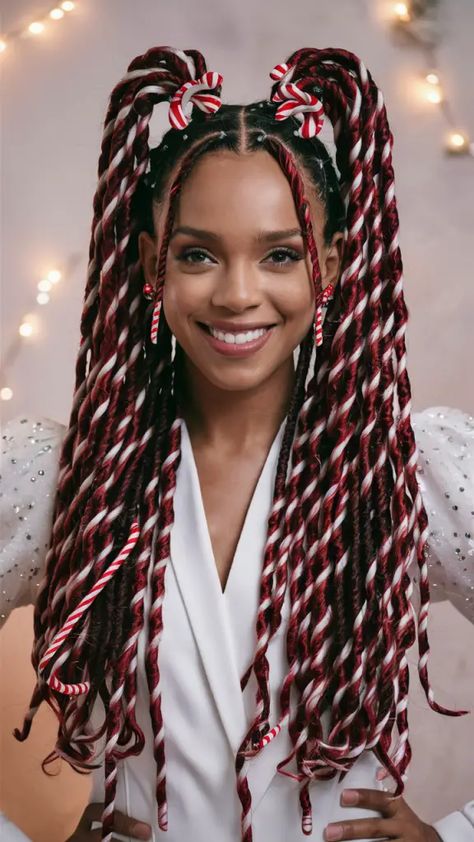 34 Christmas Hairstyles for Black Women – Fun, Easy, and Festive Holiday Hair Ideas Candy Cane Hairstyles For Kids Easy, Christmas Updo, Holiday Hair Ideas, Christmas Hairstyles For Black Women, Candy Cane Hair, Hair Competition, Whoville Hair, Marley Twists, Holiday Hair