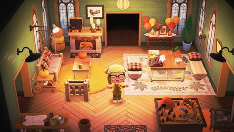 Living Room Acnh, Animal Crossing Living Room, Fall Room Design, Acnh Interior, Acnh House, Christmas Jello Shots, Seasonal Room, Acnh Inspiration, Animal Crossing Wild World