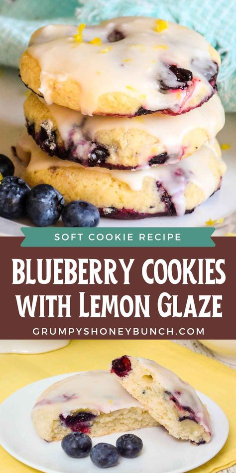 Raisin Filled Cookies, Blueberry Cookies Recipes, Lemon Blueberry Cookies, Cookies With Lemon, Blueberry Topping, Blueberry Cookies, Soft Chocolate Chip Cookies, Blueberry Desserts, Lemon Glaze