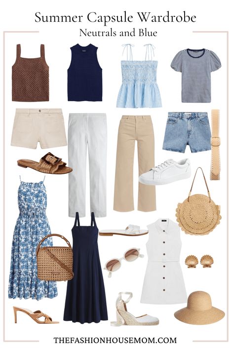 classic summer capsule wardrobe Summer Dress Capsule Wardrobe, Italian Summer Capsule Wardrobe, Coastal Outfits Summer, Classic Summer Capsule Wardrobe, Beach Capsule Wardrobe, Creating A Capsule Wardrobe, Basic Clothing, Feminine Summer, Classic Capsule Wardrobe