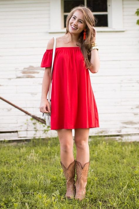 Outfits with Cowboy Boots - 19 Ways to Wear Cowboy Shoes Red Dress And Boots, Dress And Boots Outfit, Red Outfit Casual, Nashville Party, Lonestar Southern, Dress And Cowboy Boots, Keto Motivation, Cowboy Boot Outfits, Red Sundress