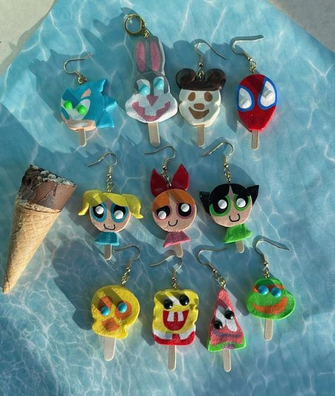 Character Popsicles, Clay Popsicle, Fun Earrings Unique, Popsicle Earrings, Silly Earrings, Ice Cream Earrings, Crazy Earrings, Clay Magnets, Weird Jewelry