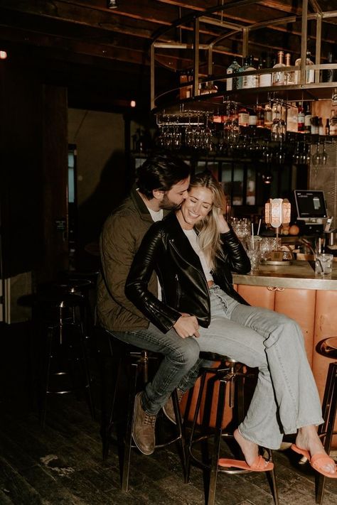 Couple At Bar Photography, Trending Couple Photos, Cocktail Lounge Engagement Photos, Old Bar Engagement Photos, Dive Bar Engagement Pictures, Couple In Bar Aesthetic, Engagement Pictures In A Bar, Restaurant Photoshoot Ideas Couple, Dive Bar Couple Photoshoot