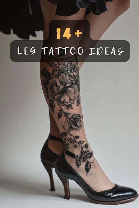 Leg tattoos are trending! These 14 designs include minimalist lines, bold florals, and intricate mandalas to inspire your next ink. Click now! 🌸🖤✨ #LegTattoosForWomen #TattooDesigns #BodyArt #TattooInspo #StylishTattoos #TattooGoals #WomenWithTattoos Half Leg Sleeve Tattoo Calf Woman, Best Leg Sleeve Tattoos For Women, Black And White Leg Tattoos Women, Leg Cover Up Tattoos For Women, Japanese Tattoo Art Leg, Floral Leg Tattoos For Women, Women Calves Tattoo, Floral Leg Tattoo, Leg Tattoo Placements