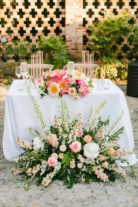 Blush, Peach & White Sweetheart Table White Sweetheart Table, Sweetheart Table Florals, Peach Color Palette, Sweetheart Table Flowers, Outdoor Spring Wedding, Peach Color Palettes, Pink Wedding Decorations, Wedding Runner, Peach Wedding Flowers