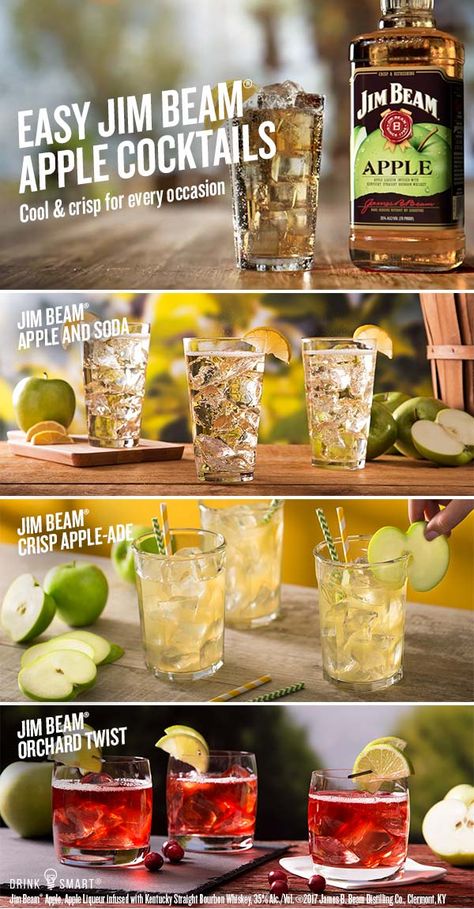 Three easy Jim Beam® Apple  cocktails to enjoy for this summer. Jim Beam® Apple, Apple Liqueur infused with Kentucky Straight Bourbon Whiskey, 35% Alc./Vol. ©2017 James B. Beam Distilling Co., Clermont, KY Jim Beam Recipes, Jim Beam Cocktails, Jim Beam Apple Drinks, Jim Beam Drinks, Jim Beam Apple Recipes, Apple Cocktails, Apple Whiskey, Apple Bourbon, Apple Cocktail