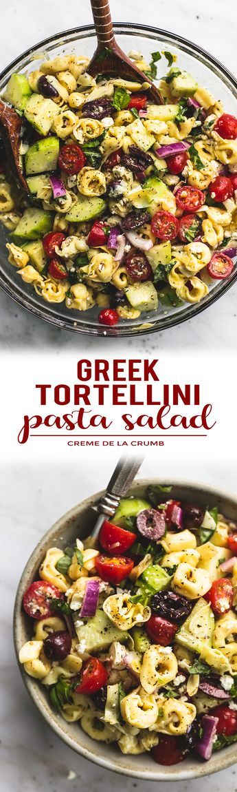 Quick and easy Greek Tortellini Pasta Salad with zesty Greek lemon dressing, fresh veggies, and hearty tortellini pasta will be your go-to potluck and dinner side dish! | lecremedelacrumb.com Greek Lemon Dressing, Greek Tortellini Pasta Salad, Pasta Salad Vegetarian, Greek Tortellini, Greek Tortellini Salad, Raisin Salad, Tortellini Pasta Salad, Salad Vegetarian, Pasta Salad With Tortellini