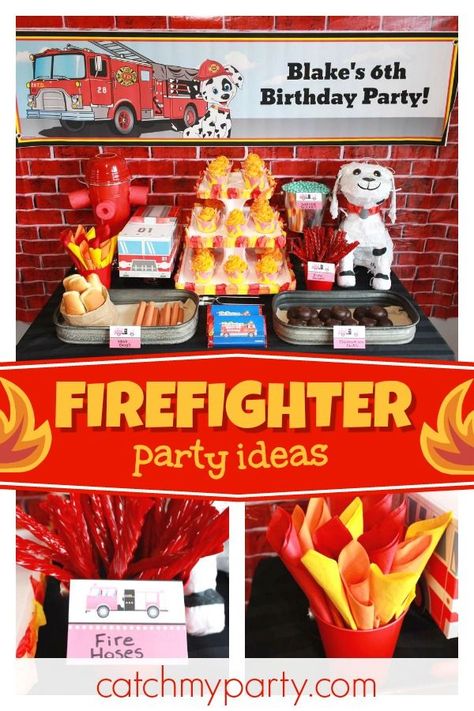 This firefighter birthday party is on fire! Love the cupcakes!! See more party ideas and share yours at CatchMyparty.com #catchmyparty #partyideas #firefighter  #boybirthdayparty #fire #firefighterparty Firefighter Party Ideas, Firefighter Birthday Party, Fireman Party, Firetruck Birthday Party, Fire Truck Party, Firefighter Party, Fireman Birthday, Firefighter Birthday, Ideas Cumpleaños