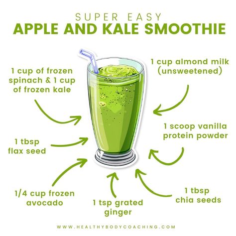 🍏🥬Kickstart your day with this Super Easy Apple & Kale Smoothie! Packed with nutrients and flavor, this smoothie is the perfect way to fuel your body and stay energized throughout the day. Plus, it’s super easy to make! Ingredients: • 1 cup frozen spinach • 1 cup frozen kale • 1 tablespoon flax seed • ¼ cup frozen avocado • 1 teaspoon grated ginger • 1 tablespoon chia seeds • 1 scoop vanilla protein powder • 1 cup unsweetened almond milk Instructions: 1. Add all the ingredients t... Frozen Kale, Frozen Avocado, Food Esthetics, Freezing Kale, Freeze Avocado, Kale Smoothie, Easiest Apples, Frozen Spinach, Vanilla Protein Powder