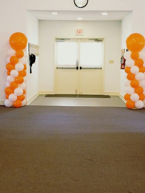 Balloon Towers Balloon Tower, Orange Balloons, Orange Party, Balloon Stands, Baby Prep, Community Center, Balloon Columns, White Balloons, Grad Party