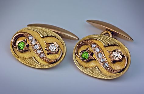 Art Nouveau 14k  Gold Diamond Demantoid Cufflinks....... Antique Cufflinks, Antique Style Engagement Rings, Russian Jewelry, Demantoid Garnet, Nouveau Jewelry, Faberge Eggs, Gold Cufflinks, Vintage Cufflinks, Art Nouveau Jewelry